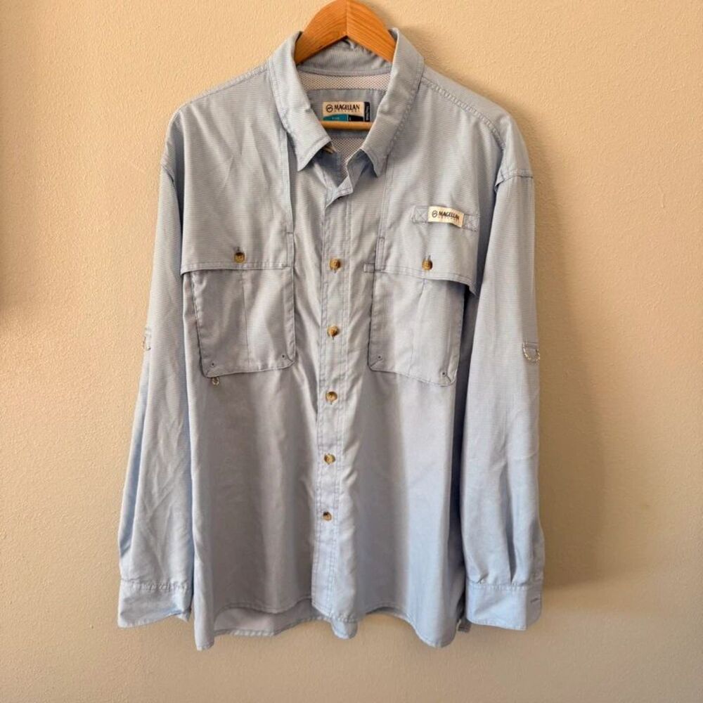 Men’s Magellan fishing shirt long sleeve roll tab micro houndstooth blue white L